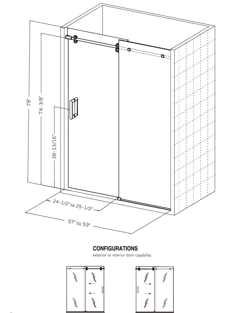 EUROTECH SHOWERS Roma-2 57"-59" W x 78" High 3/8" Euroglide Frameless Single Sliding Shower Door with 10mm Tempered Glass