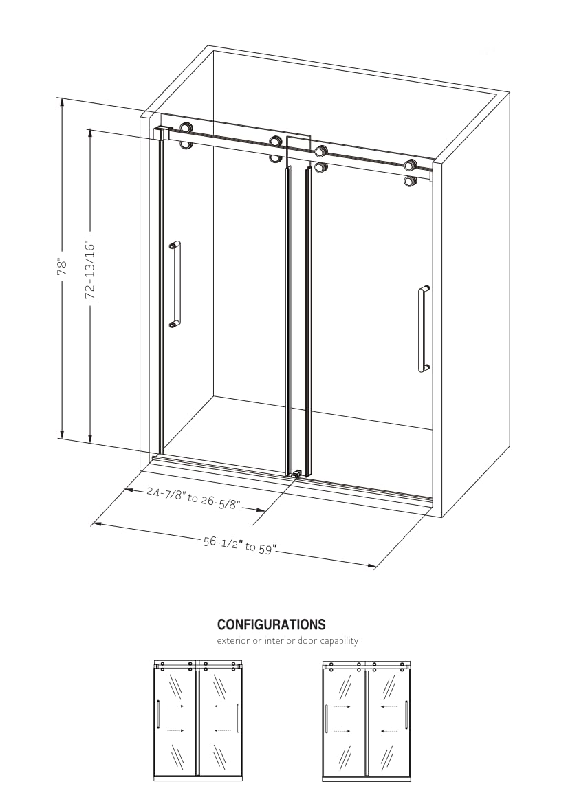 EUROTECH SHOWERS Sophia 56.5-60" W x 78" H Twinglide Frameless Shower Door with 3/8" (10mm) Clear Tempered Glass