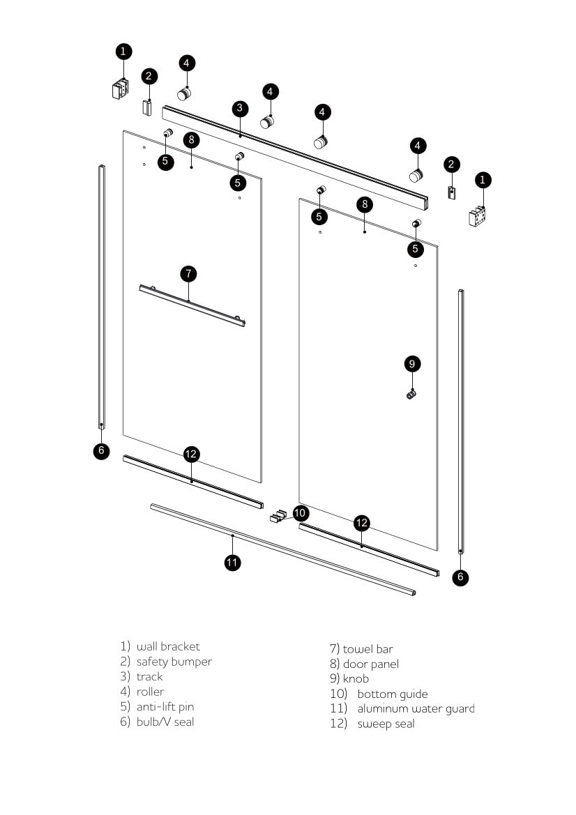 EUROTECH SHOWERS Twinglide Brighton Frameless Shower Doors 56.5-60" Width x 78" Height with 5/16" (8mm) Clear Tempered Glass