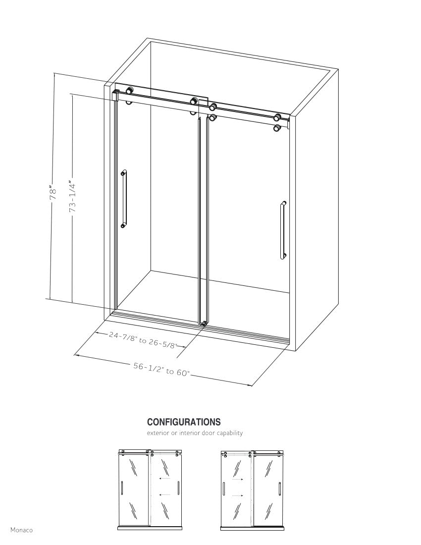 EUROTECH SHOWERS Monaco 56.5-60" W x 78" H Twinglide Frameless Shower Door with 3/8" (10mm) Clear Tempered Glass