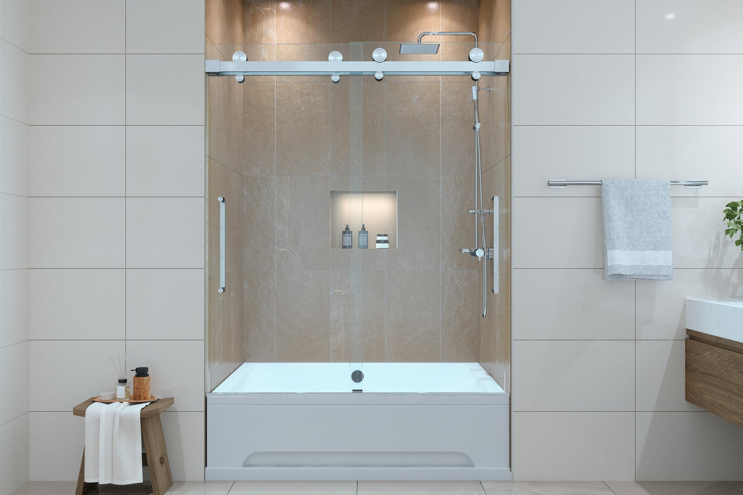 EUROTECH SHOWERS Windsor 56.5-60" W x 66" High 3/8" Twinglide Frameless Bathtub Shower Door with 10mm Clear Tempered Glass