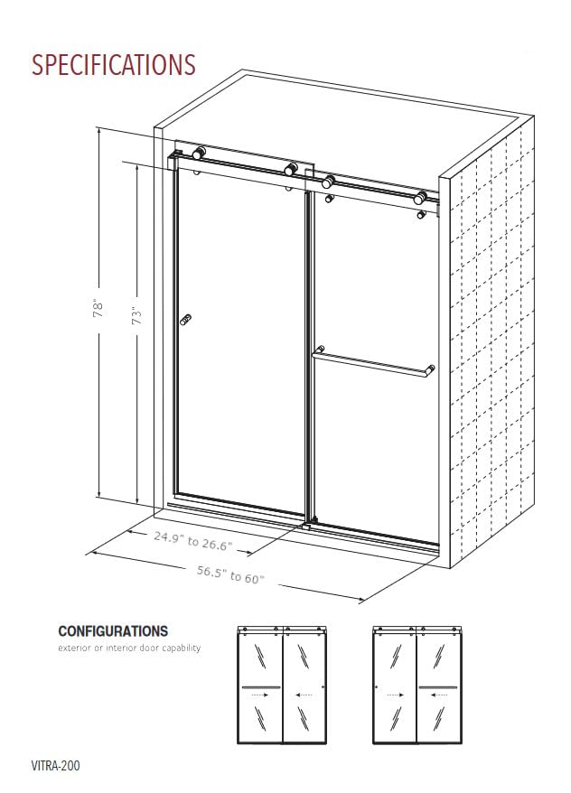 EUROTECH SHOWERS VITRA-200X 56.5-59" W x 78" High 3/8" Twinglide Frameless Shower Door with (10mm) Rain Tempered Glass