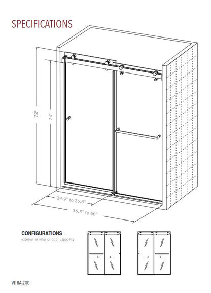 EUROTECH SHOWERS VITRA-200X 56.5-59" W x 78" High 3/8" Twinglide Frameless Shower Door with (10mm) Rain Tempered Glass