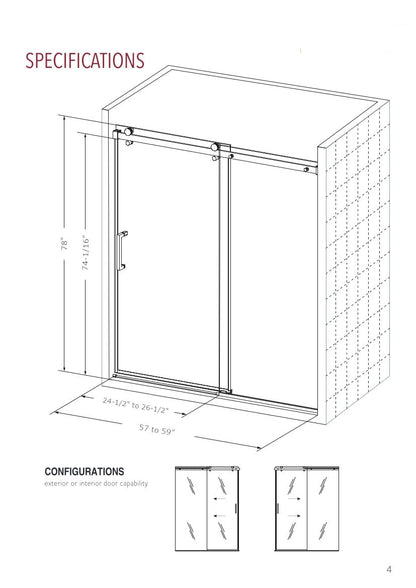 EUROTECH SHOWERS VITRA-100 56-59.25" W x 78" High Euroglide Frameless Shower Door with 3/8" Clear Tempered Glass