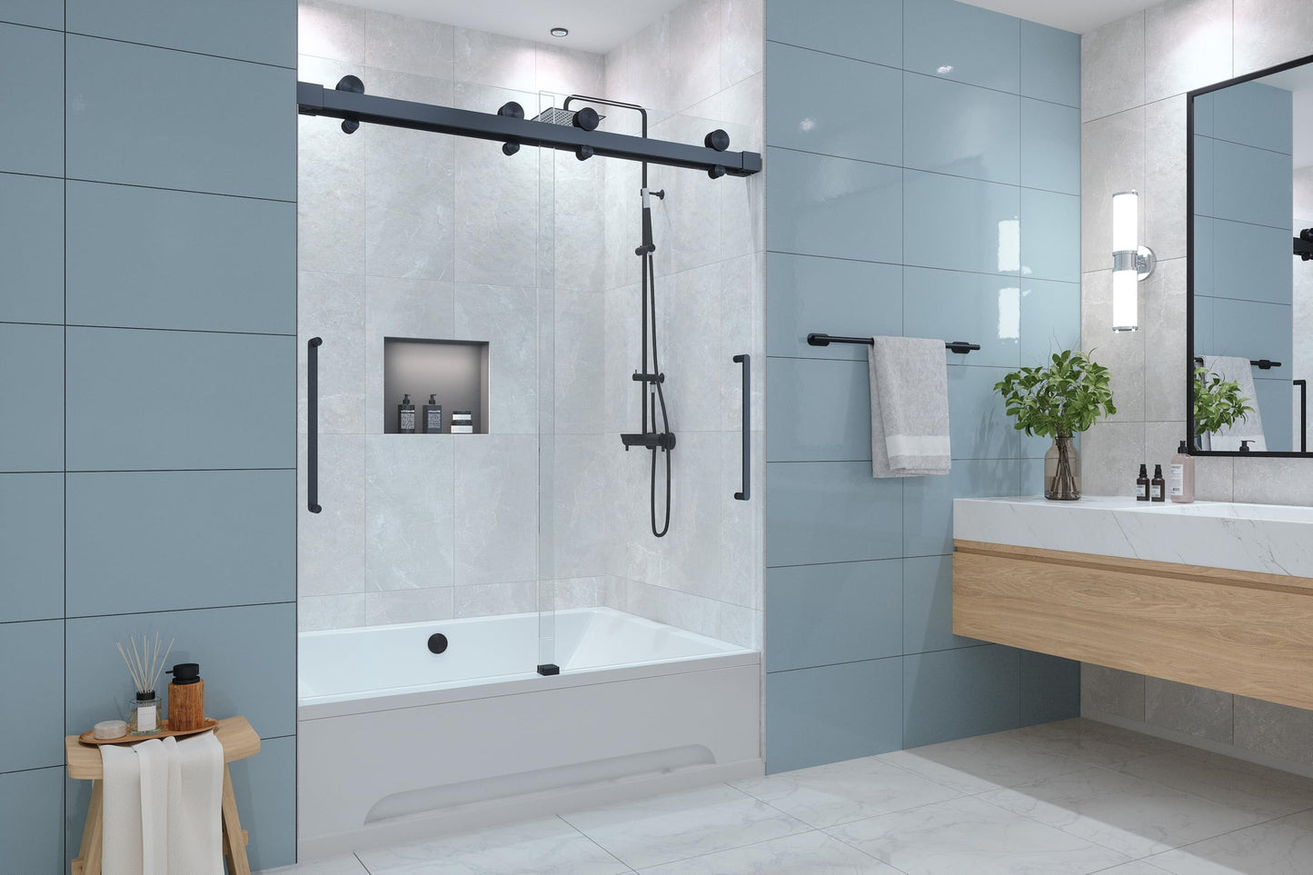 EUROTECH SHOWERS Windsor 56.5-60" W x 66" High 3/8" Twinglide Frameless Bathtub Shower Door with 10mm Clear Tempered Glass